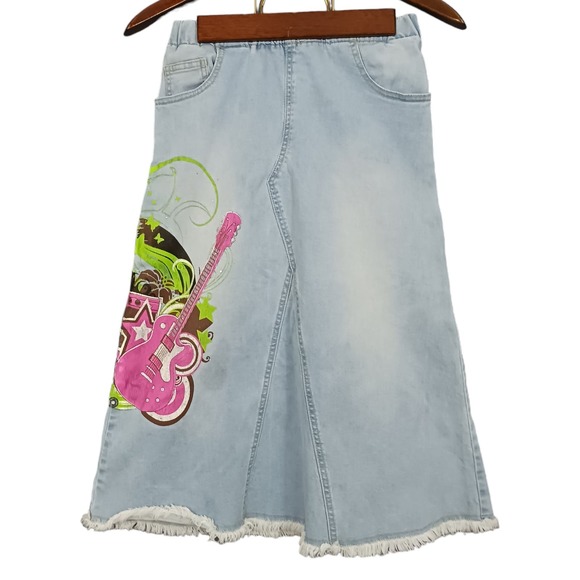 Vtg Style J Denim Skirt Sz 27 4 Midi Guitar Graphic Frayed Hem *Flaw see photo - Picture 1 of 8